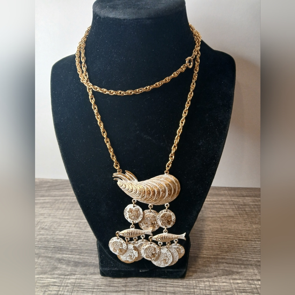Vintage Coro Charm Necklace With Fish, Seashell, Ancient Coins